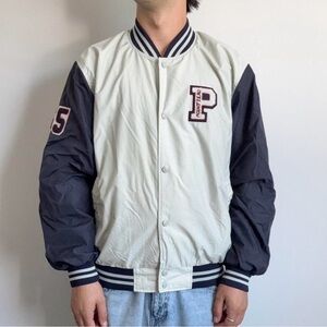 Cream and Navy Varsity Jacket with a Sporty Vibe
